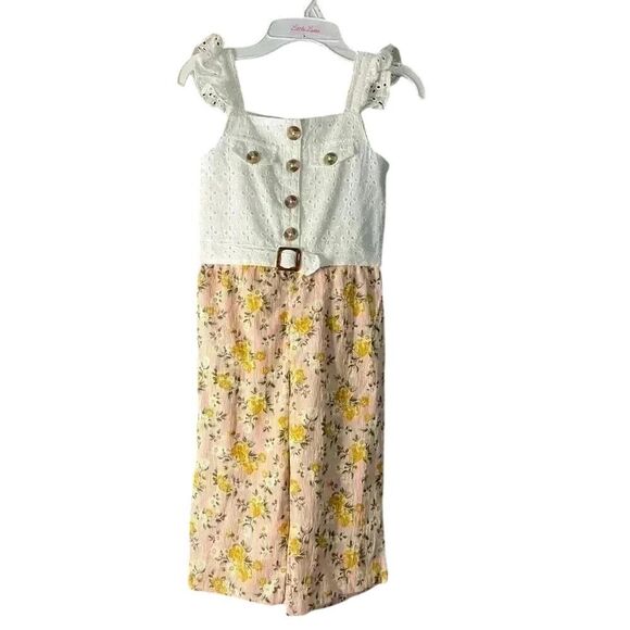 Little Lass Floral Eyelet Jumpsuit with Button Front and Belt‎ Detail Size 4 D36 - Picture 1 of 6
